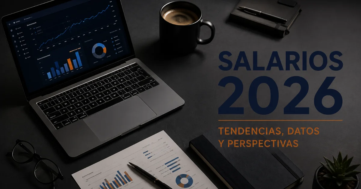 AI Project Manager salario 2026 España: escritorio ejecutivo con laptop, dashboard de tendencias salariales y datos del mercado