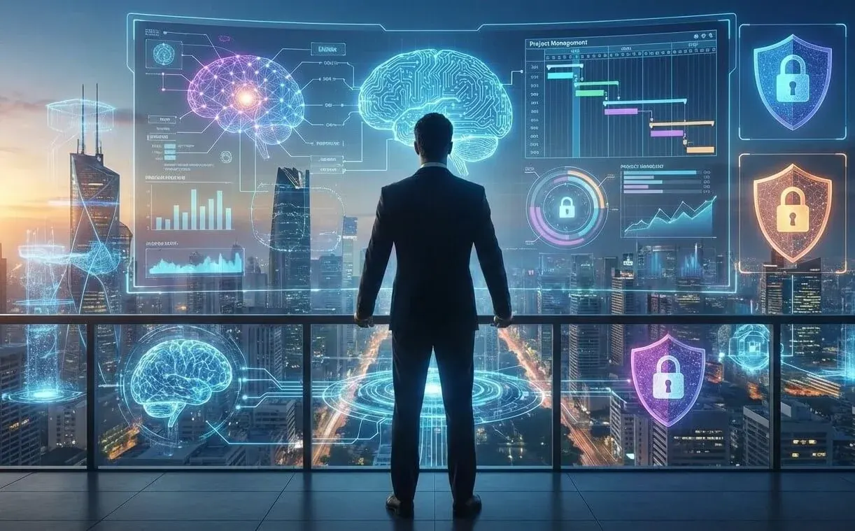 AI Project Manager supervisando un tablero de gestión de proyectos con métricas de seguridad e IA