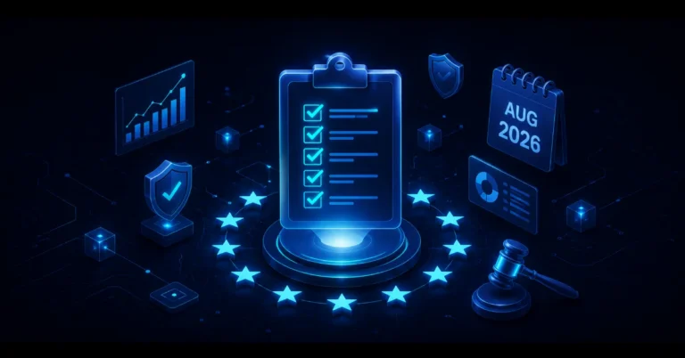 EU AI Act agosto 2026 checklist: clipboard isométrico con estrellas UE, calendario AGO 2026 y mazo de cumplimiento
