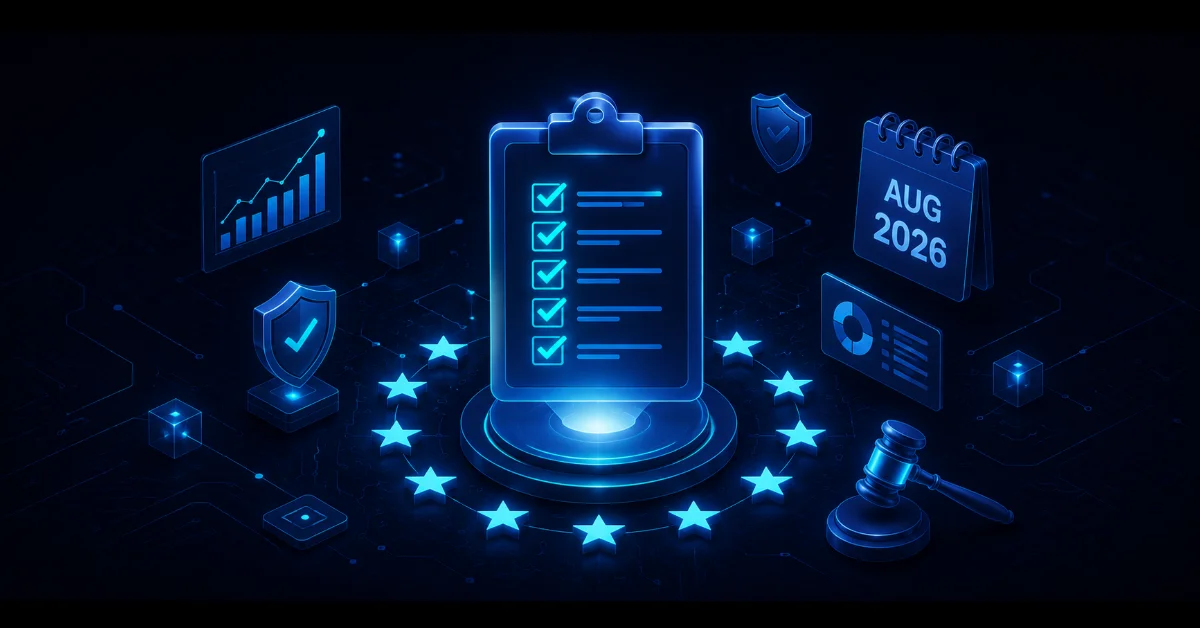 EU AI Act agosto 2026 checklist: clipboard isométrico con estrellas UE, calendario AGO 2026 y mazo de cumplimiento