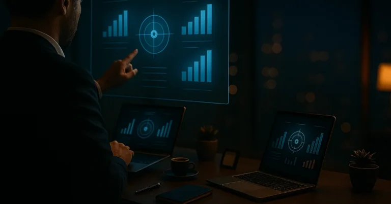 Evaluación modelos IA empresa 2026: profesional ante holograma con tres dashboards comparativos, radial gauge y target reticle
