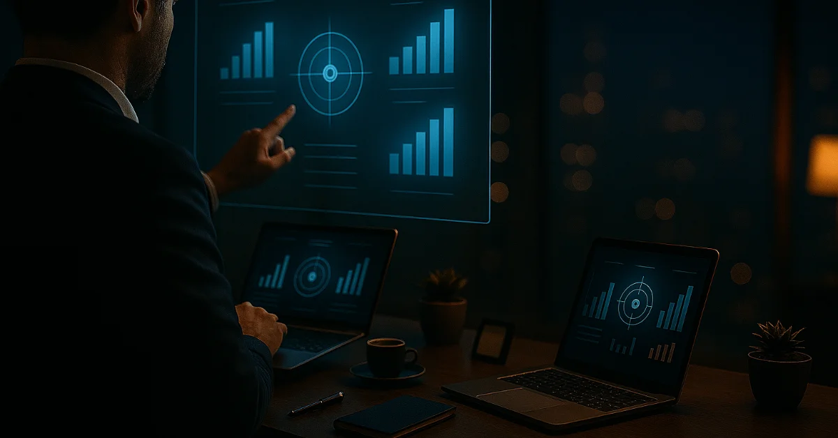 Evaluación modelos IA empresa 2026: profesional ante holograma con tres dashboards comparativos, radial gauge y target reticle