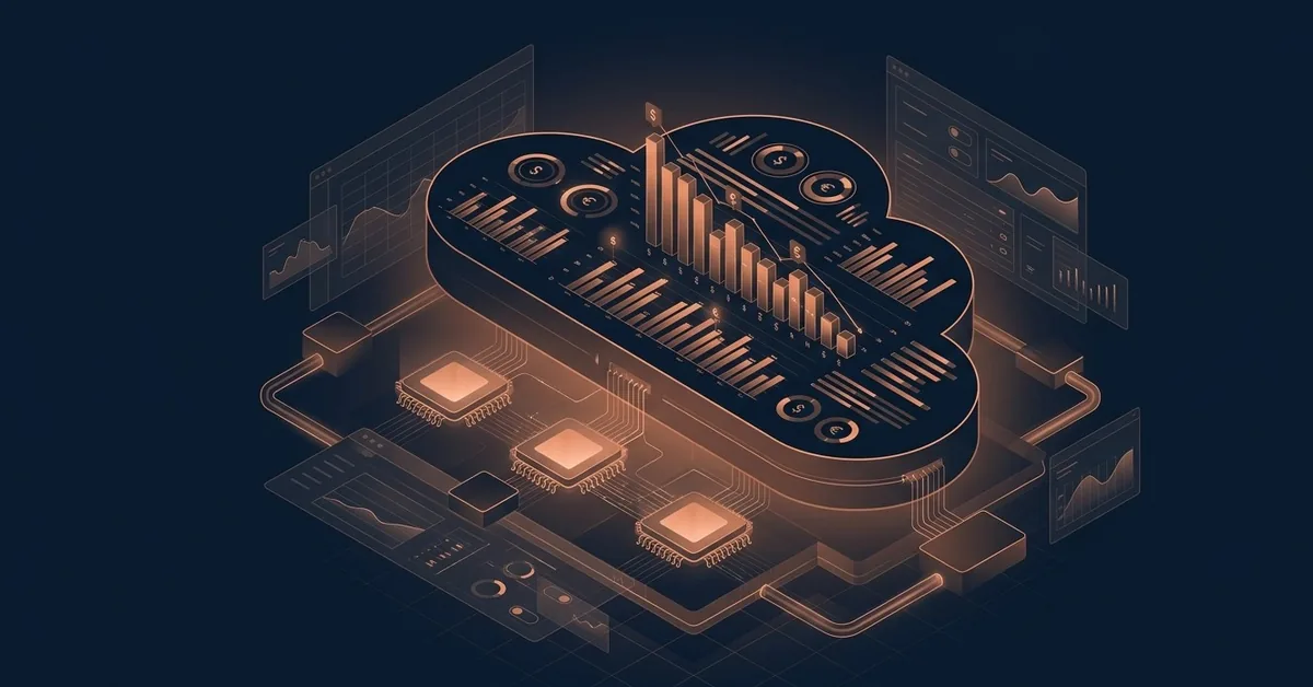FinOps cloud 2026: nube isométrica con gráficos de coste, monedas y chips de GPU representando gobernanza del gasto en IA y multicloud