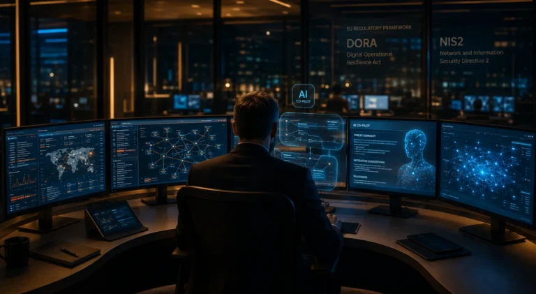 IA ciberseguridad banca DORA: analista senior trabajando con un AI co-pilot en un SOC bancario