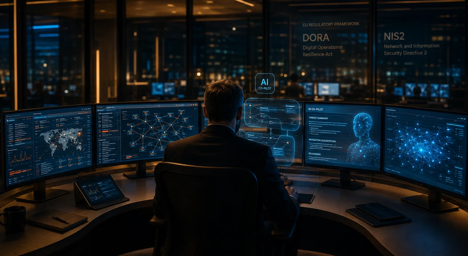 IA ciberseguridad banca DORA: analista senior trabajando con un AI co-pilot en un SOC bancario