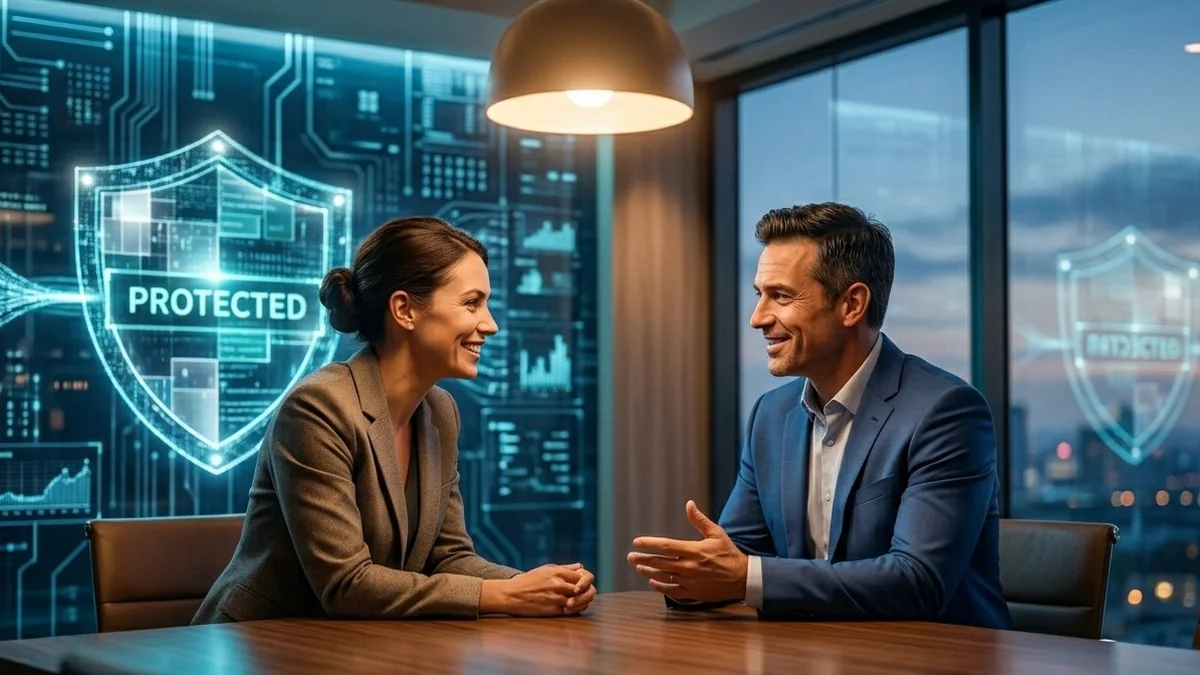 Dos profesionales conversando con confianza rodeados de escudo de protección digital holográfico