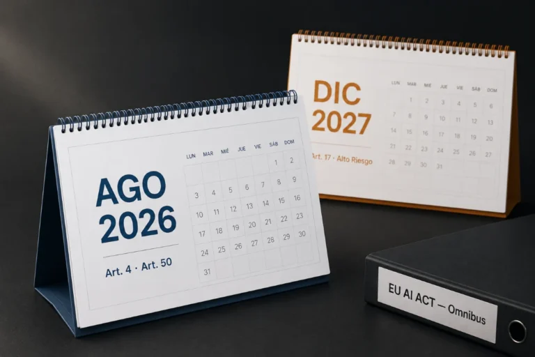 Dos calendarios sobre mesa de despacho mostrando agosto 2026 (artículos 4 y 50) y diciembre 2027 (artículo 17, alto riesgo) junto a un archivador rotulado EU AI Act Omnibus.