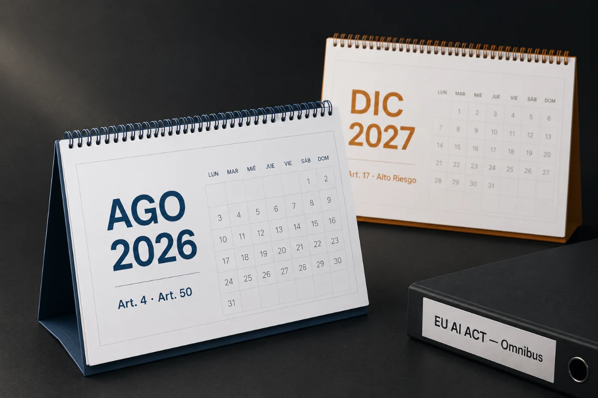 Dos calendarios sobre mesa de despacho mostrando agosto 2026 (artículos 4 y 50) y diciembre 2027 (artículo 17, alto riesgo) junto a un archivador rotulado EU AI Act Omnibus.