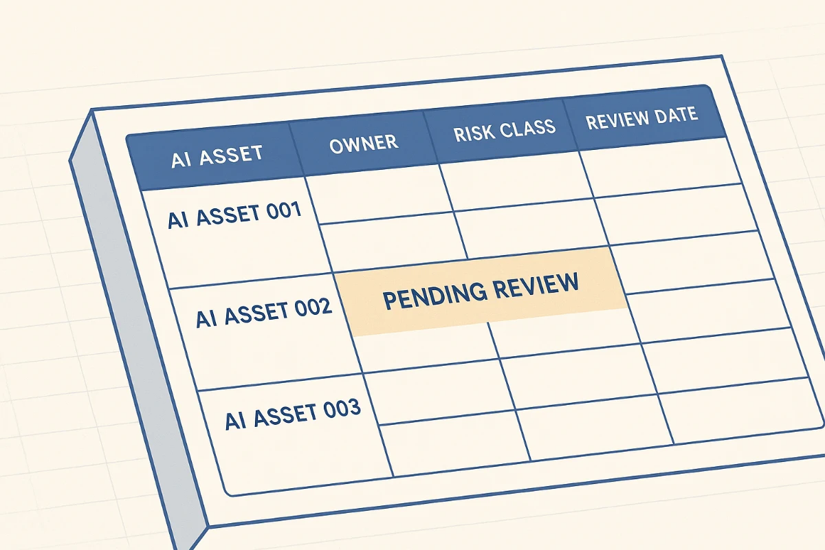Diagrama editorial de las seis columnas del inventario activos IA: ID y versión, propósito, fuentes de datos, clasificación de riesgo, owner y fecha de revisión.