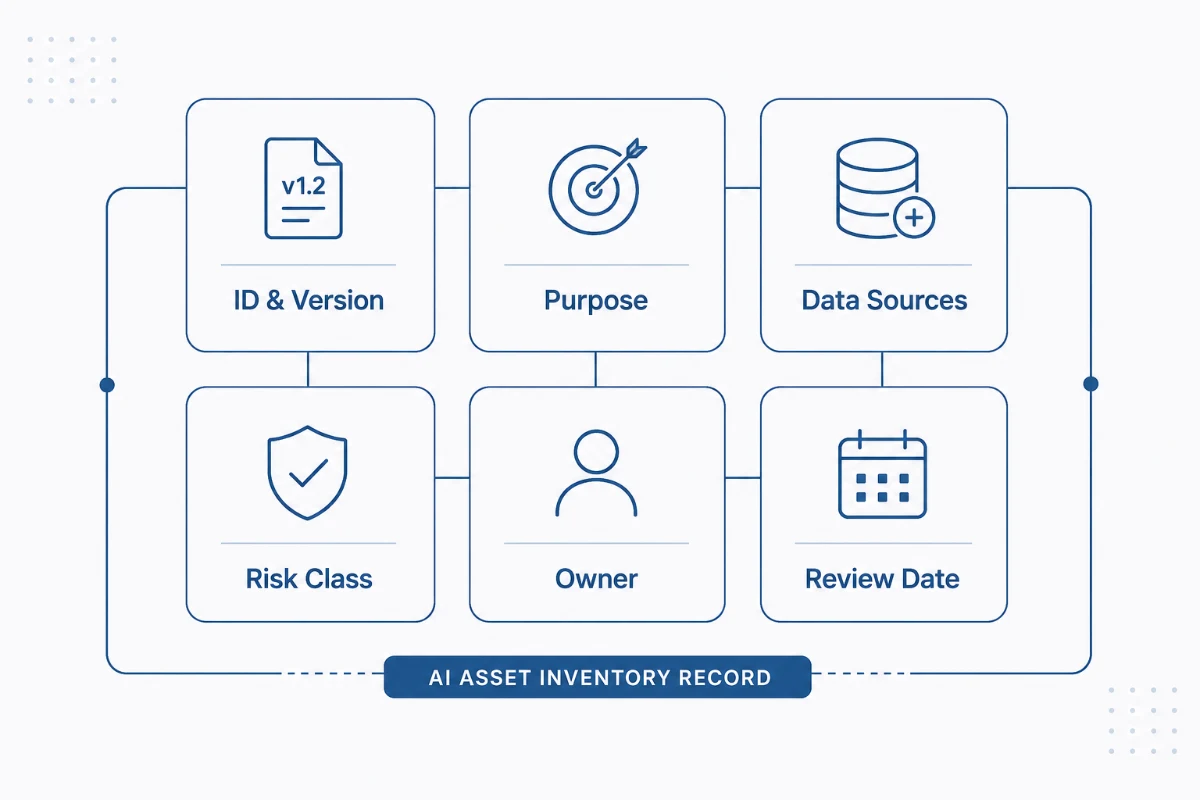 Tabla de inventario de activos IA con columnas owner, risk class y review date, ilustrando el registro auditable que exige el EU AI Act.