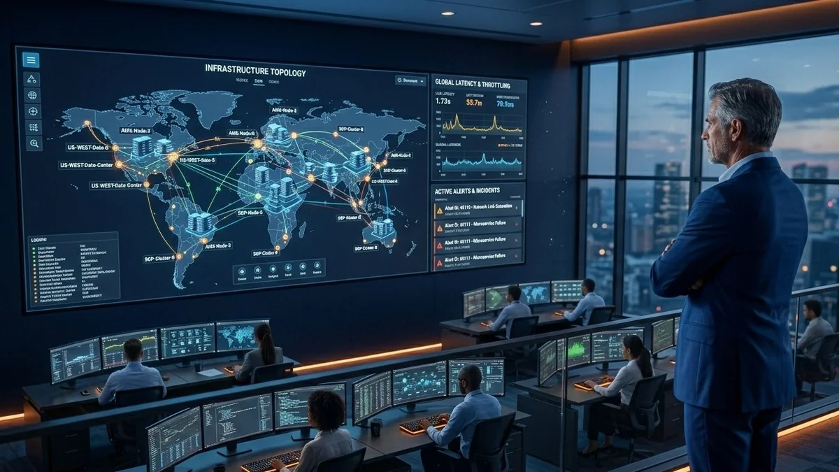 Director de IT supervisando sala de operaciones con mapa global de infraestructura y alertas en tiempo real