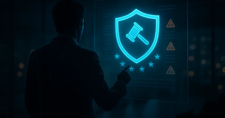 NIS2 sanciones 2026: profesional ante holograma con escudo, mazo de cumplimiento, estrellas UE y alertas de riesgo