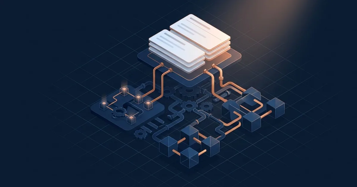 Platform Engineering 2026: Internal Developer Platform isométrico con servicios apilados, pipelines y bloques de infraestructura conectados como Golden Paths