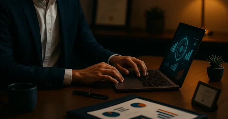 Portfolio AI Project Manager 2026: profesional con blazer navy trabajando en laptop con dashboard y dossier de proyectos
