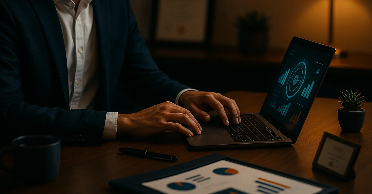 Portfolio AI Project Manager 2026: profesional con blazer navy trabajando en laptop con dashboard y dossier de proyectos