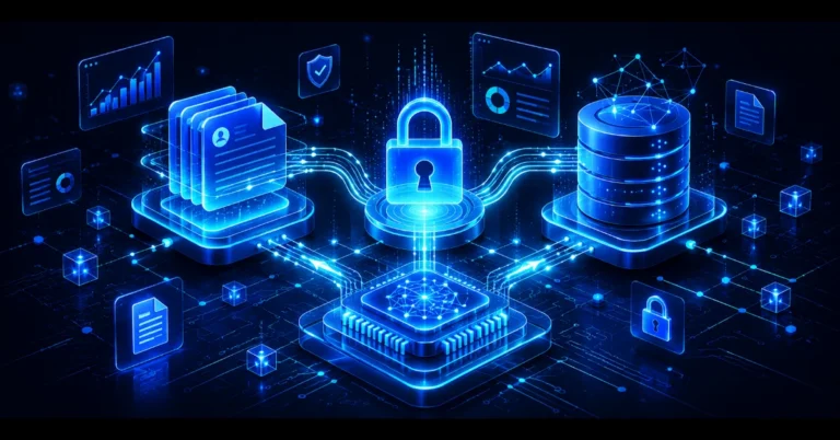 RAG empresarial seguro: arquitectura isométrica con documentos, candado central, base vectorial y chip neuronal