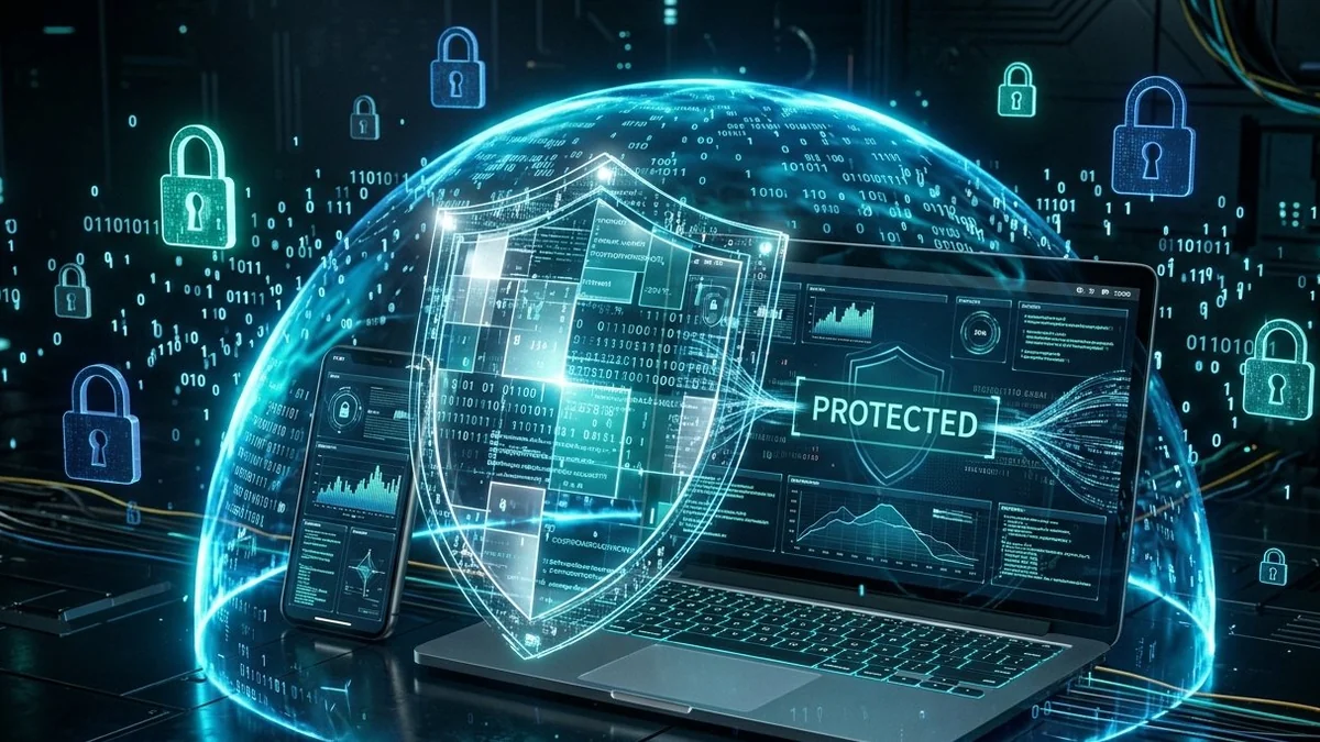 Escudo de ciberseguridad holográfico protegiendo laptop y smartphone con candados digitales y código binario