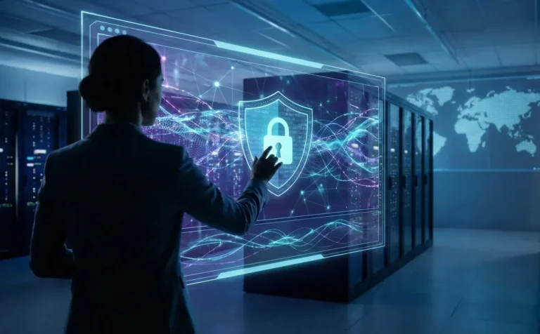 Infografía de las capas de seguridad informática 2026 y protección de datos con IA