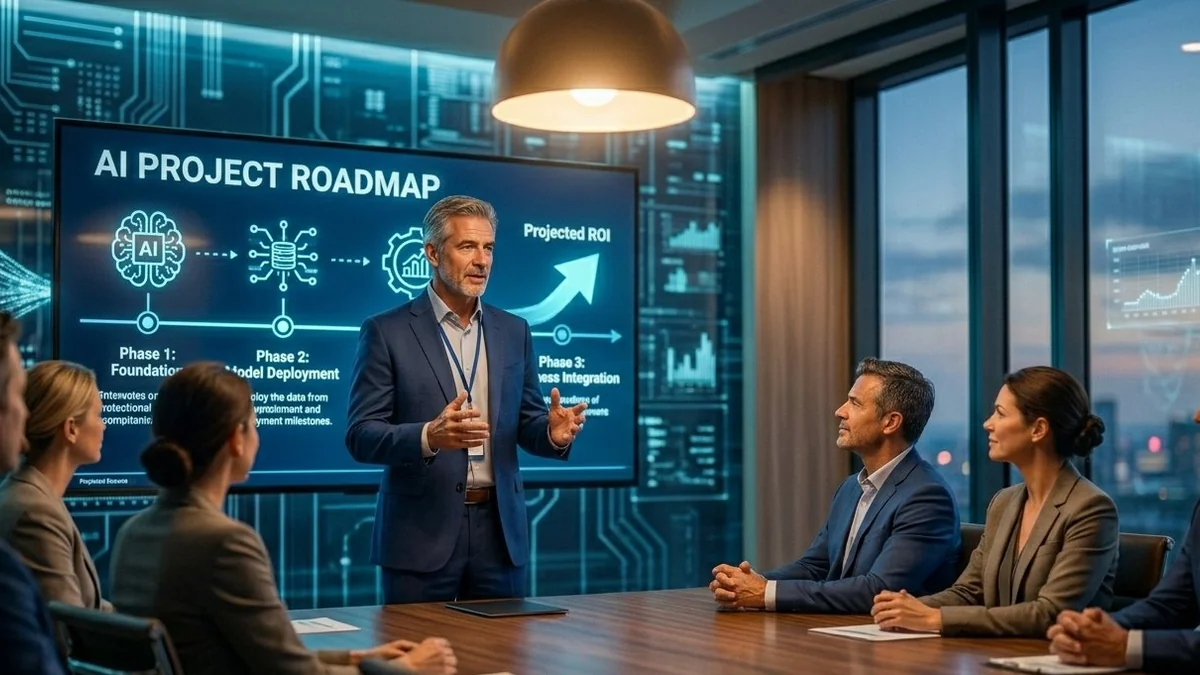 Directivo presentando AI Project Roadmap con ROI proyectado ante equipo ejecutivo en reunión de transformación digital