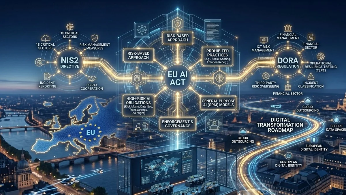 Mapa regulatorio europeo 2026: EU AI Act en el centro conectando NIS2, DORA y hoja de ruta de transformación digital