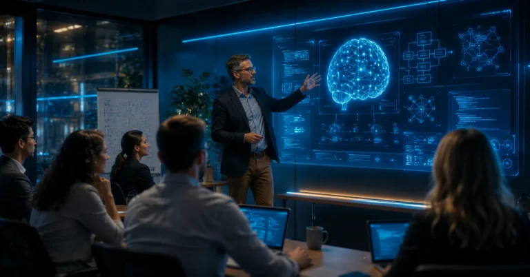 Ponente explicando a un equipo de empleados frente a una pantalla con un cerebro de IA y diagramas, que ilustra un plan de alfabetizacion en IA para la plantilla segun el Art. 4 del EU AI Act