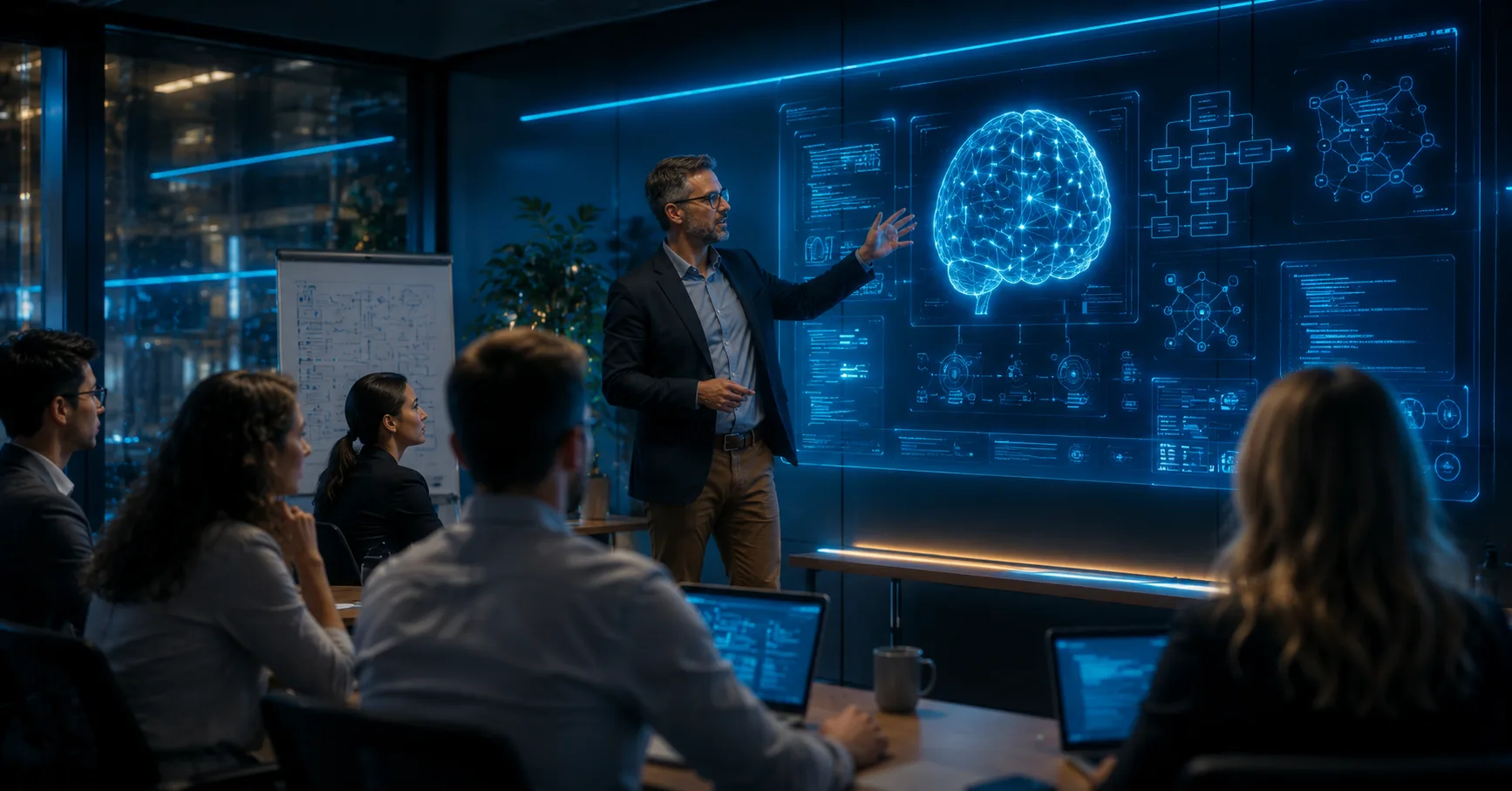 Ponente explicando a un equipo de empleados frente a una pantalla con un cerebro de IA y diagramas, que ilustra un plan de alfabetizacion en IA para la plantilla segun el Art. 4 del EU AI Act