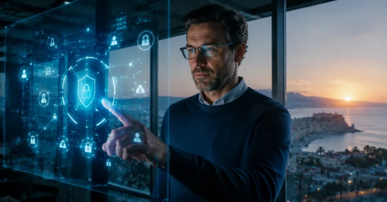 Consultor interactuando con un panel holografico de seguridad e identidades con la costa de Almeria al atardecer de fondo