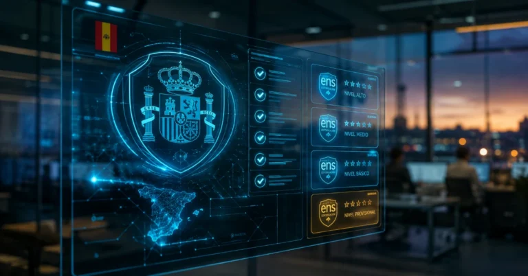 Panel holográfico del Esquema Nacional de Seguridad (ENS) con el escudo de España y los niveles de certificación Alto, Medio, Básico y Provisional