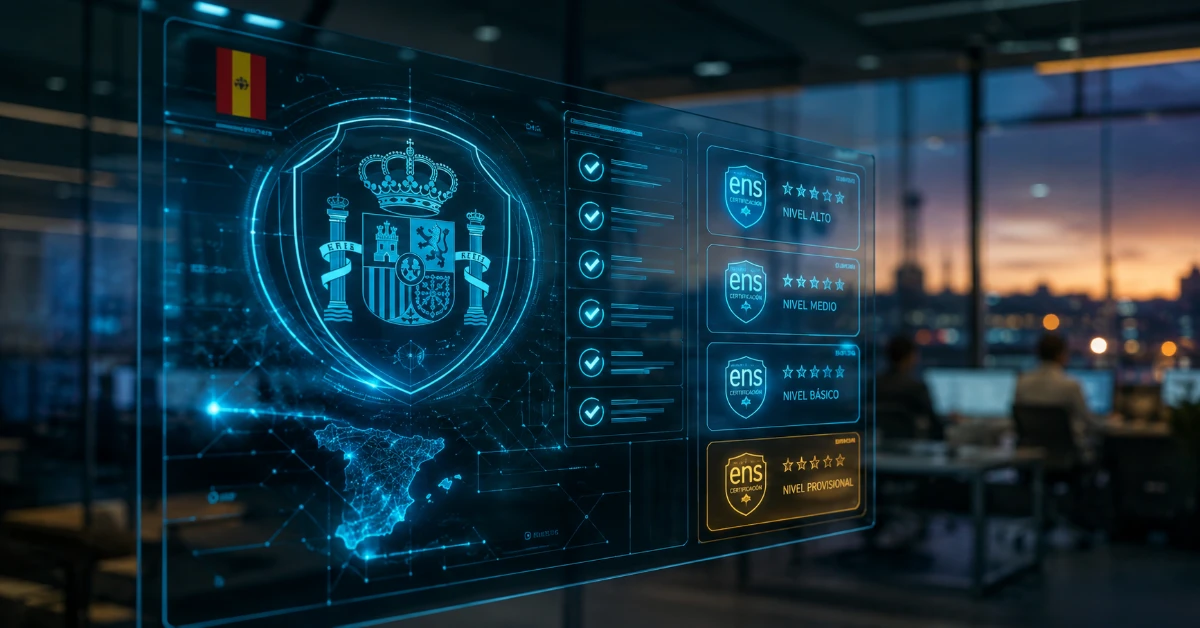 Panel holográfico del Esquema Nacional de Seguridad (ENS) con el escudo de España y los niveles de certificación Alto, Medio, Básico y Provisional