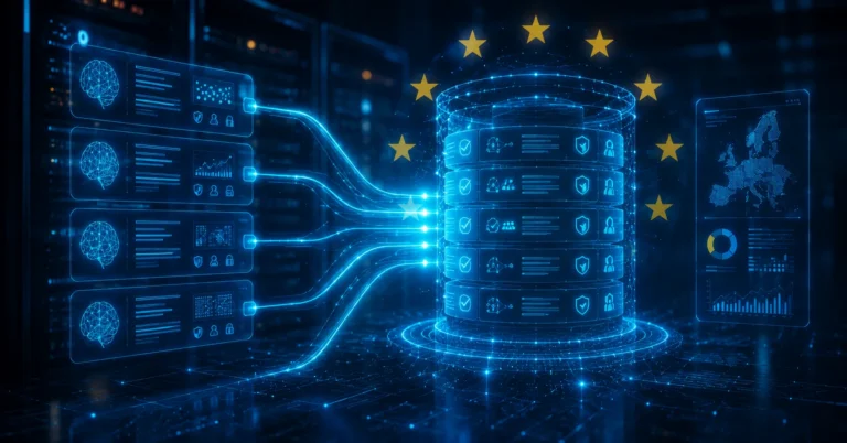Base de datos europea con estrellas de la UE conectada a sistemas de IA que ilustra el EU Data Act y la portabilidad de datos
