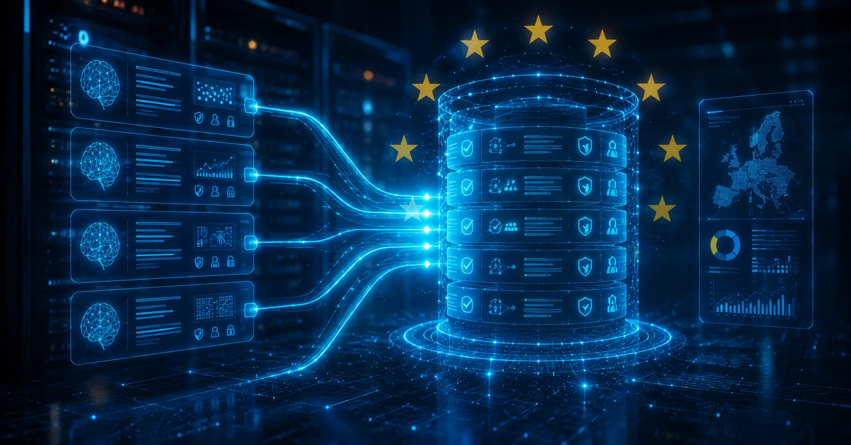 Base de datos europea con estrellas de la UE conectada a sistemas de IA que ilustra el EU Data Act y la portabilidad de datos