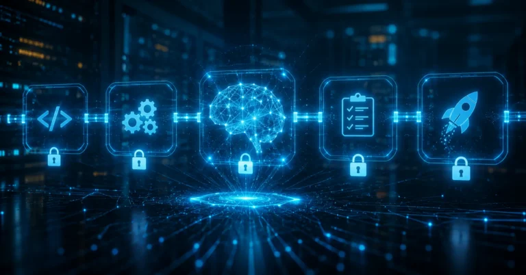 Pipeline de desarrollo con iconos de codigo, engranajes, cerebro de IA, checklist y cohete protegidos por candados que ilustra la integracion de IA en el SDLC seguro
