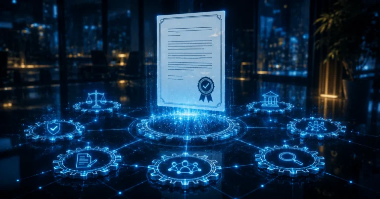 Certificado digital con sello de verificacion rodeado de engranajes con iconos de balanza, documento e institucion que representa la certificacion ISO 42001 del sistema de gestion de IA