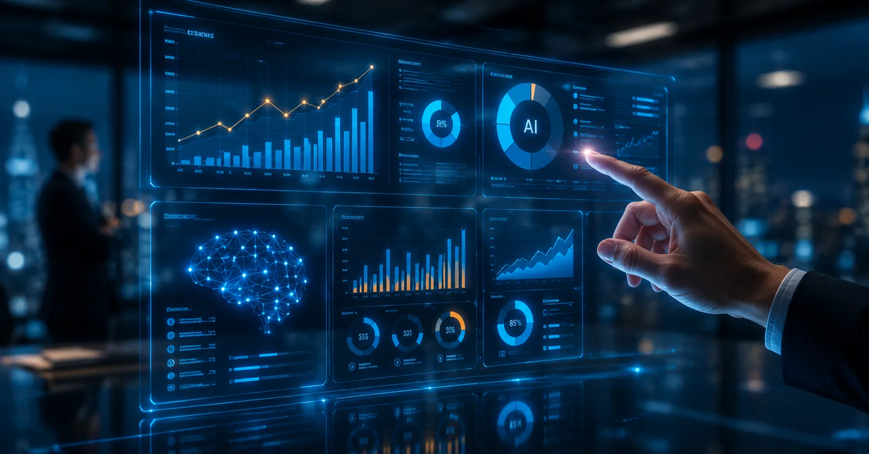 Dashboard holografico con graficas de tendencia, indicadores circulares y un boton de IA que un directivo pulsa, para medir KPIs y ROI de proyectos GenAI