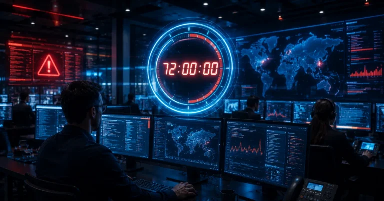 Centro de operaciones de seguridad con una cuenta atras de 72:00:00, mapa mundial y alertas que ilustra los plazos de notificacion de incidentes de RGPD, NIS2 y DORA