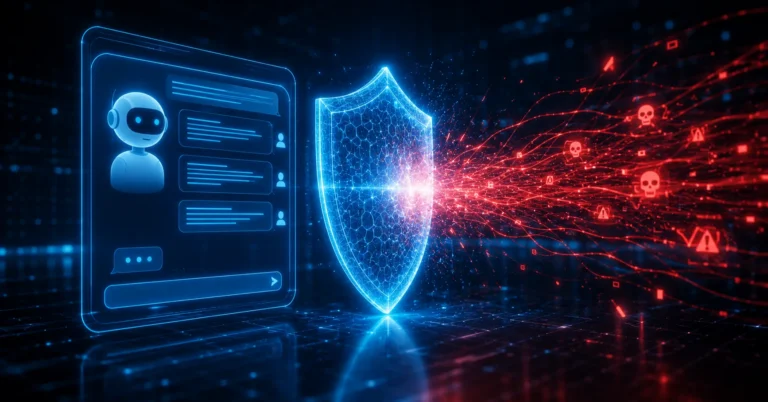 Interfaz de chatbot protegida por un escudo azul que bloquea un flujo de ataques rojos con simbolos de calavera y alerta, que ilustra las defensas frente al prompt injection en IA generativa