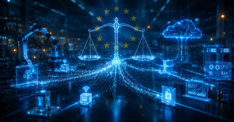 Balanza de la justicia con estrellas de la UE rodeada de robot, cloud e iconos IoT que representa el solapamiento normativo entre DORA, NIS2, ENS y el EU AI Act