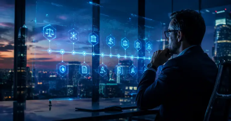 Profesional observando una linea de tiempo holografica con iconos de balanza, edificios institucionales y escudos sobre una ciudad al atardecer, que representa el balance de la normativa de IA en 2026