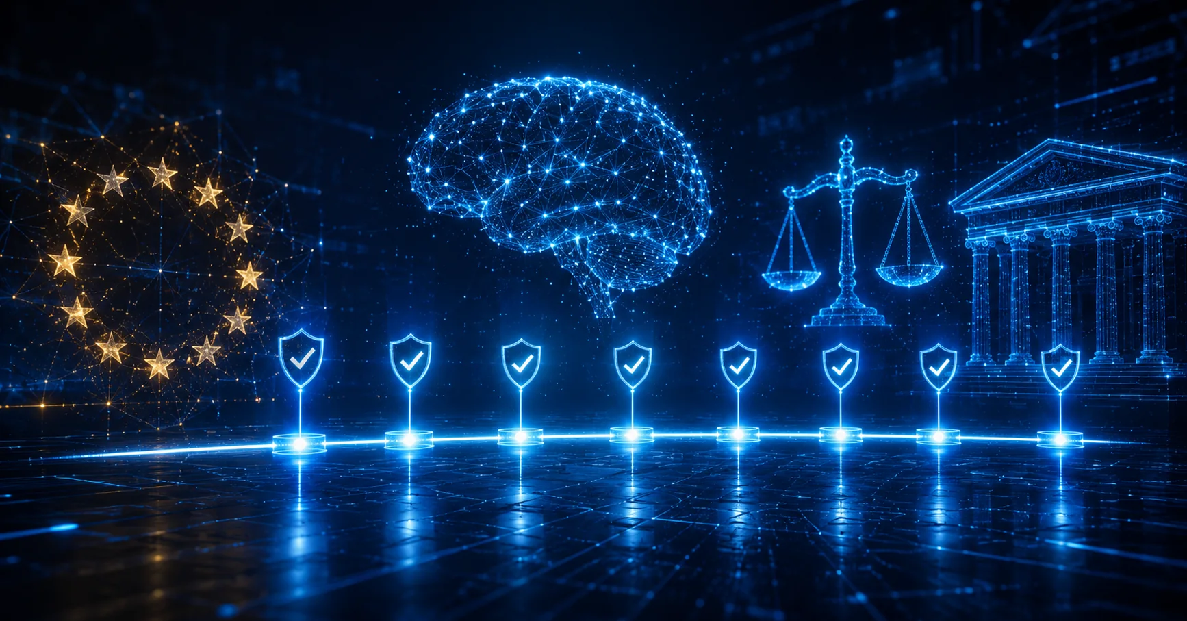 Ilustracion tecnologica en azul con las estrellas de la Union Europea, un cerebro de IA, una balanza de la justicia, un templo clasico y una linea de escudos de verificacion, que representa el calendario de cumplimiento del EU AI Act