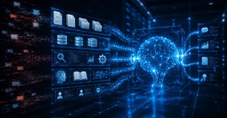 AI brain connected to documents, databases, searches and tools that give it context, illustrating context engineering