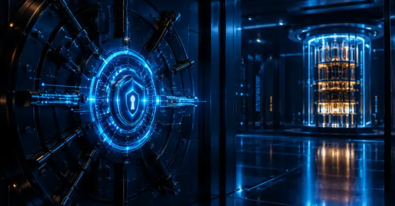 Puerta de camara acorazada con un escudo azul luminoso junto a un ordenador cuantico al fondo, que ilustra la amenaza cuantica y la criptografia post-cuantica en la banca
