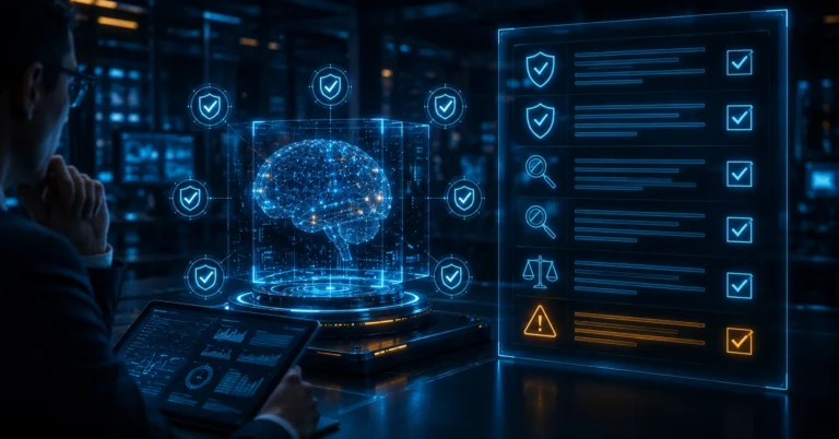 Holographic AI brain beside a ticked checklist and an orange alert, representing high-risk AI conformity assessment