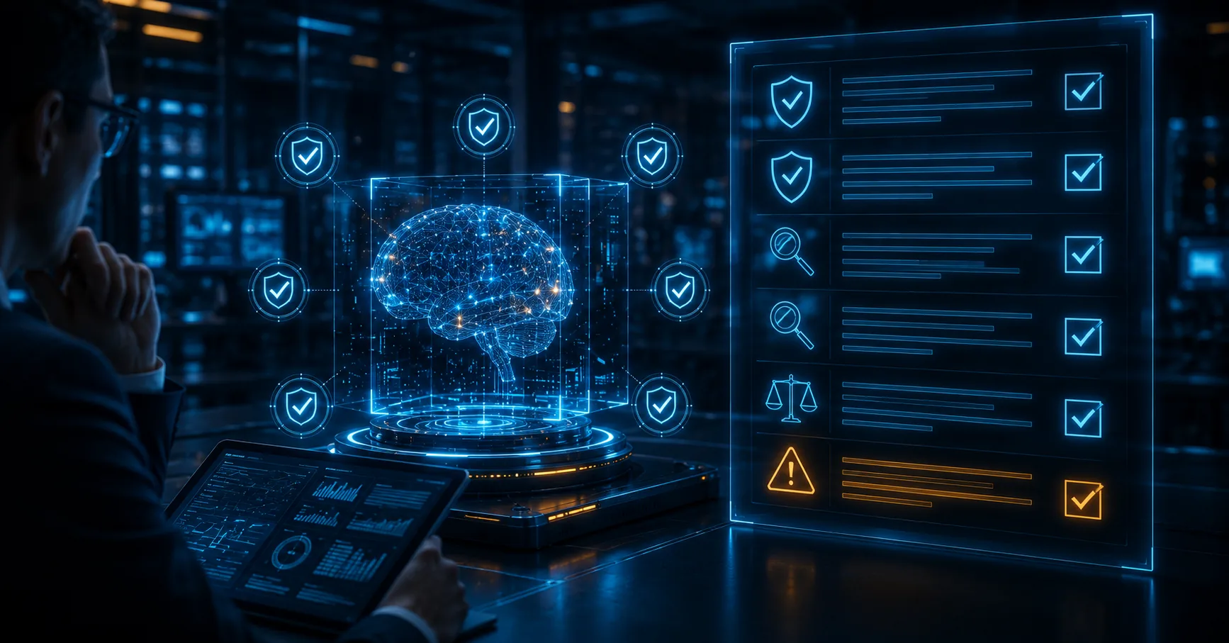 Holographic AI brain beside a ticked checklist and an orange alert, representing high-risk AI conformity assessment