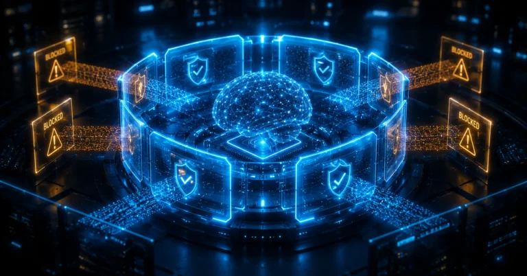 AI brain ringed by shields blocking data flows marked BLOCKED, illustrating guardrails for generative AI