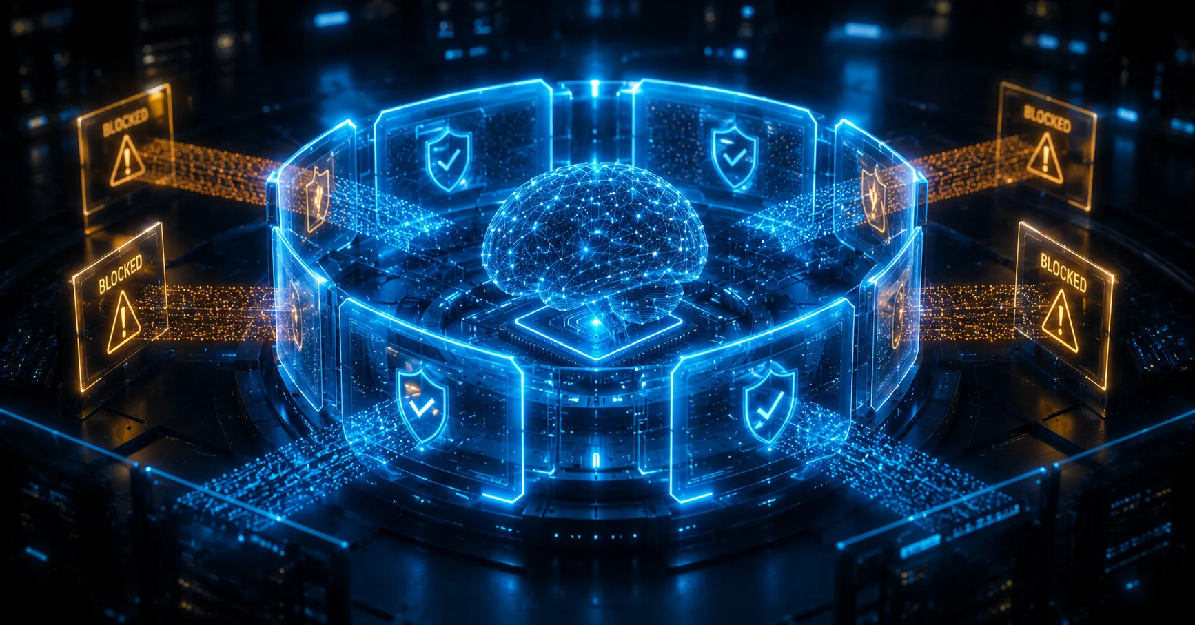 AI brain ringed by shields blocking data flows marked BLOCKED, illustrating guardrails for generative AI