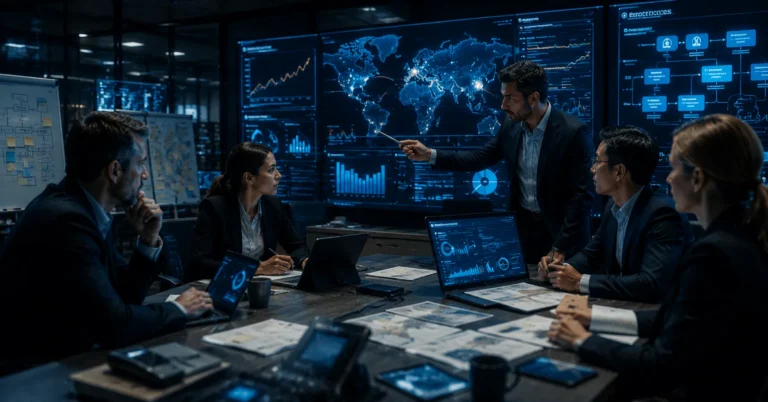Equipo en una sala de reuniones frente a grandes pantallas con un mapa mundial, graficas y un diagrama de flujo de procesos, que representa la continuidad de negocio y el simulacro de la ISO 22301