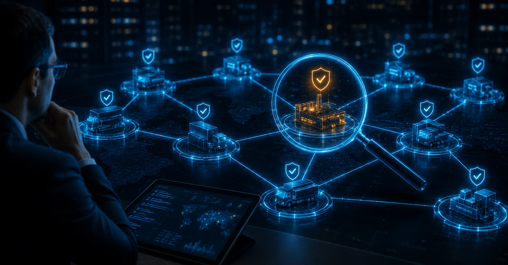 A holographic supply chain of lorries, factories and warehouses linked by verification shields, with a magnifier inspecting one supplier, assessing suppliers under NIS2