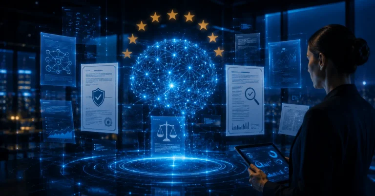 Profesional ante un cerebro de IA rodeado de documentos legales con escudos y una corona de estrellas de la Union Europea, que representa las obligaciones GPAI del EU AI Act