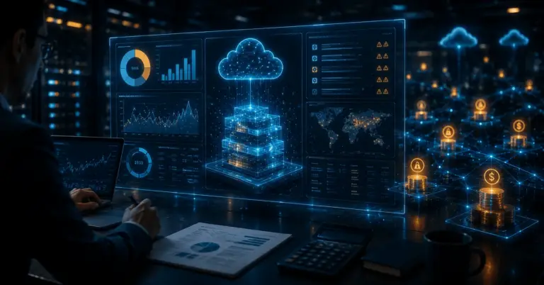 Holographic financial dashboard with a cloud, charts, alerts and stacks of gold coins, representing hidden costs and FinOps when you budget an AI project