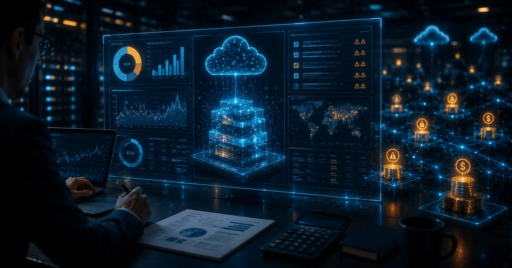 A holographic financial dashboard with a cloud, charts, alerts and stacks of gold coins, the hidden costs and FinOps of budgeting a generative AI project